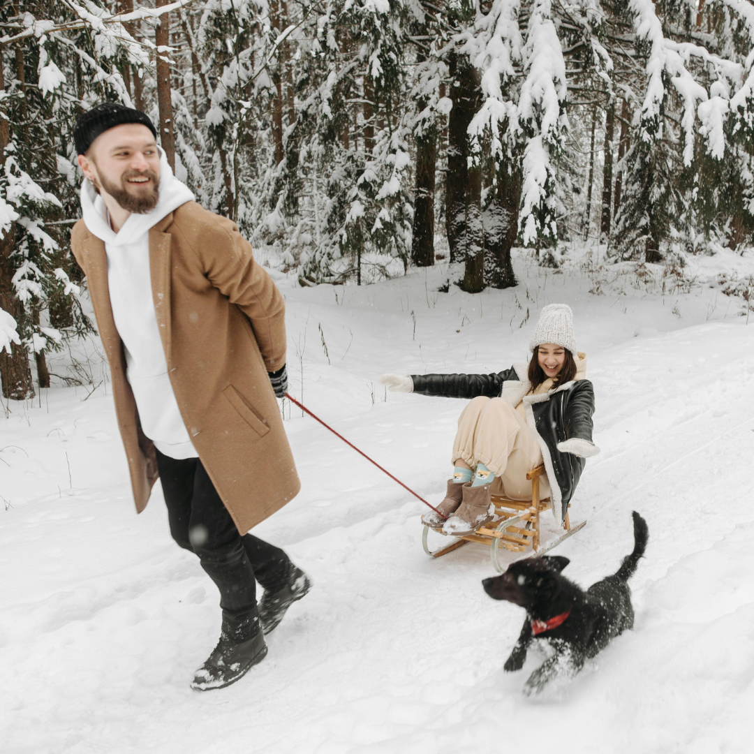 couple sledding with dog rpm living blog avoid getting overwhelmed during holidays